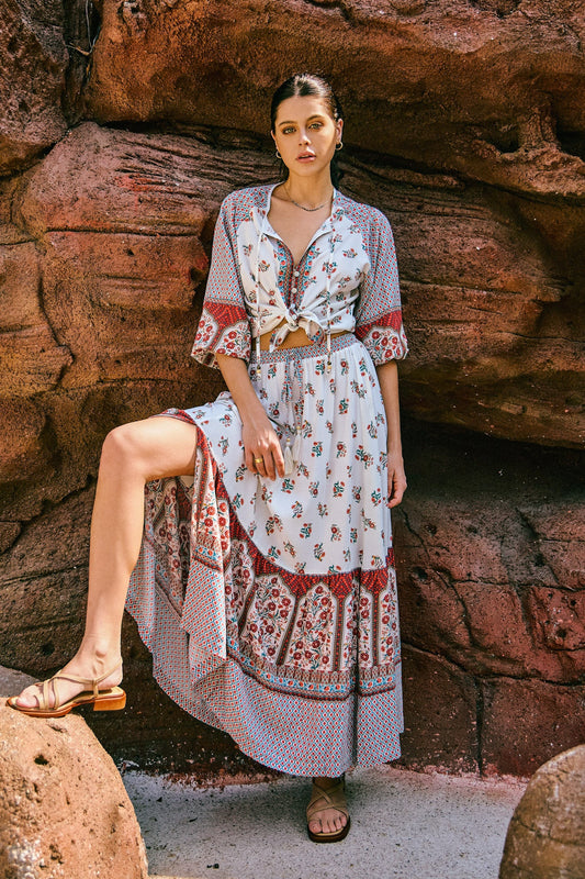 Heychic Petunia Red Boho Maxi Skirt (Floral)