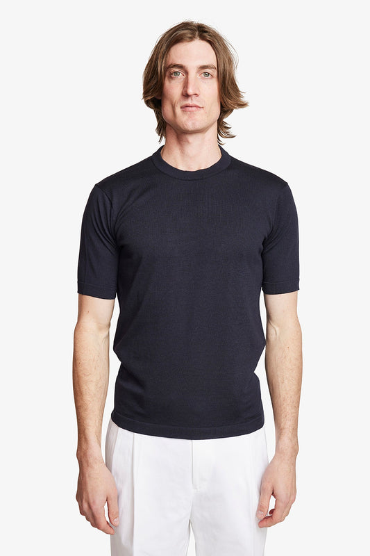 Image of a model wearing Tops. Product name - Easy Knit Tee Navy Blue in Blue colour by brand - Anthony Squires