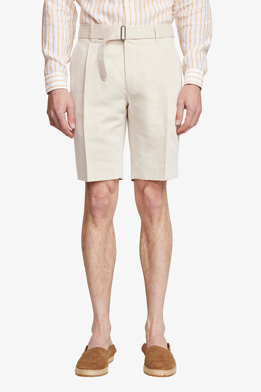 Image of a model wearing Shorts. Product name - Modena Beige in Beige colour by brand - Anthony Squires