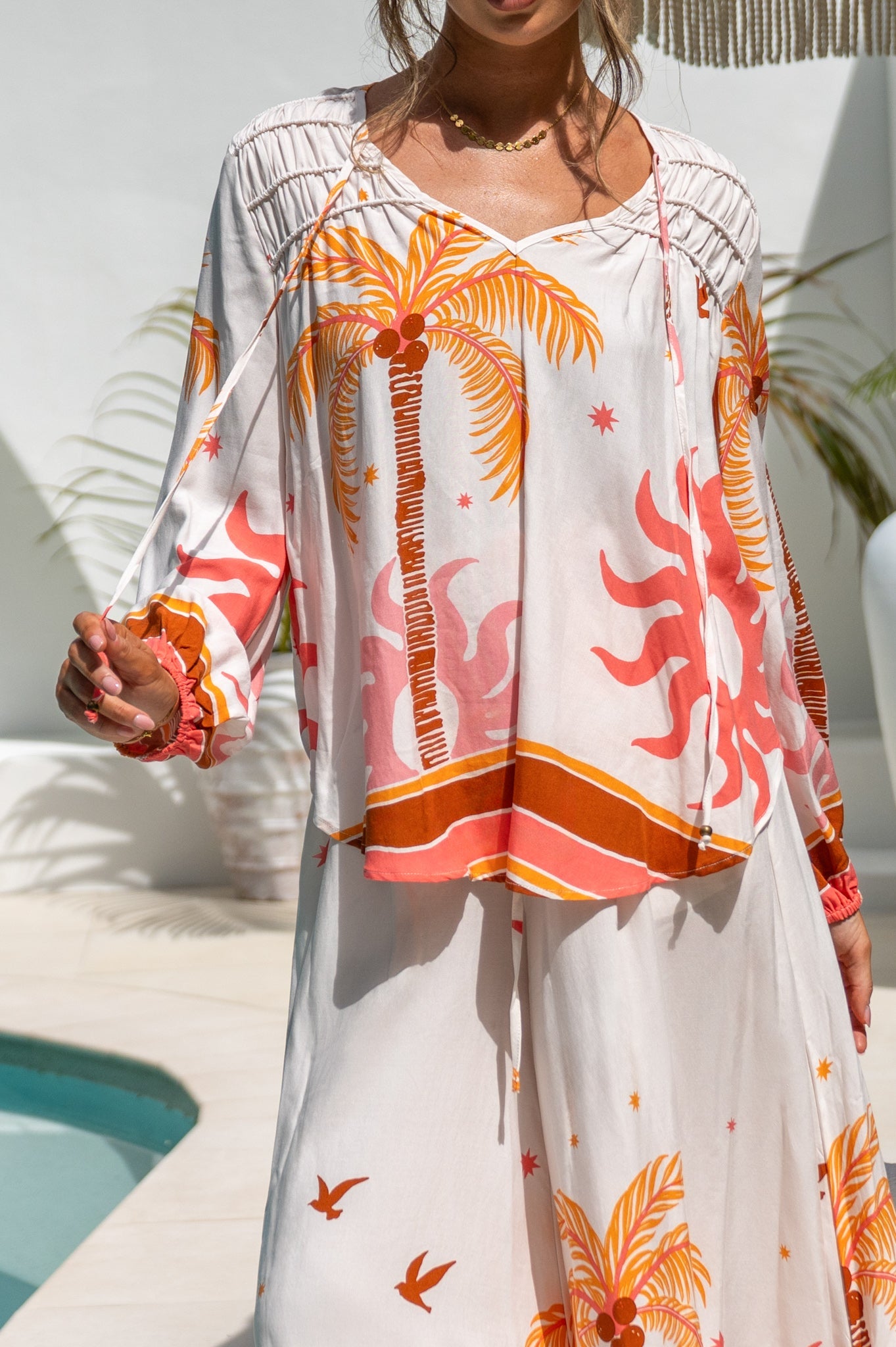 Heychic Soletta Coral Tropical Long Sleeve Blouse (Pink)