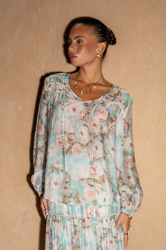 Image of Dresses. Product name - Rosalind Teal Blue Pink Floral Long Sleeve Blouse in Blue colour by brand - Heychic