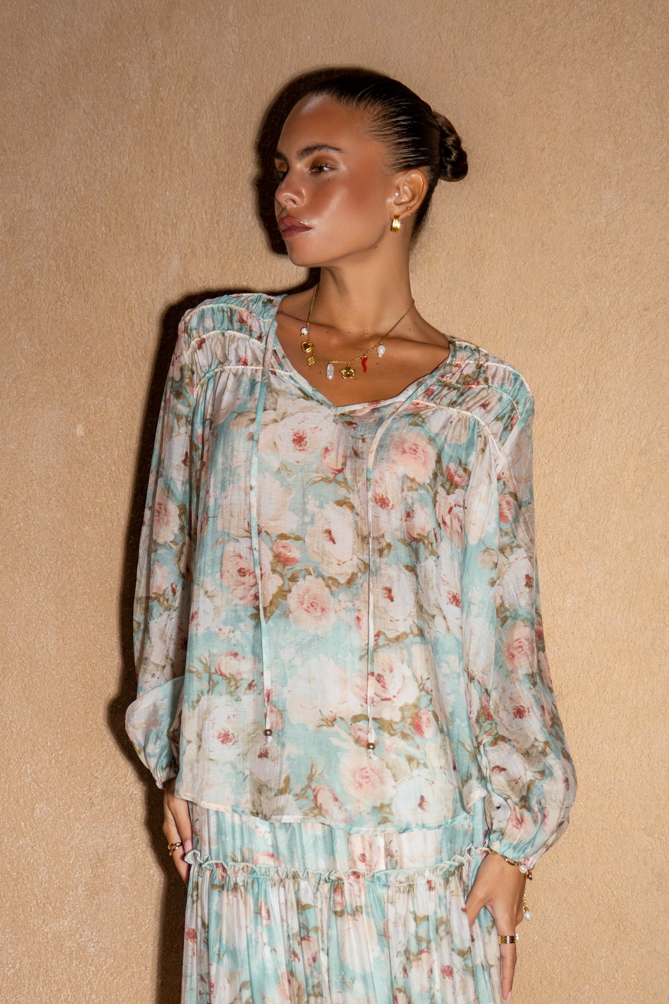 Image of Dresses. Product name - Rosalind Teal Blue Pink Floral Long Sleeve Blouse in Blue colour by brand - Heychic