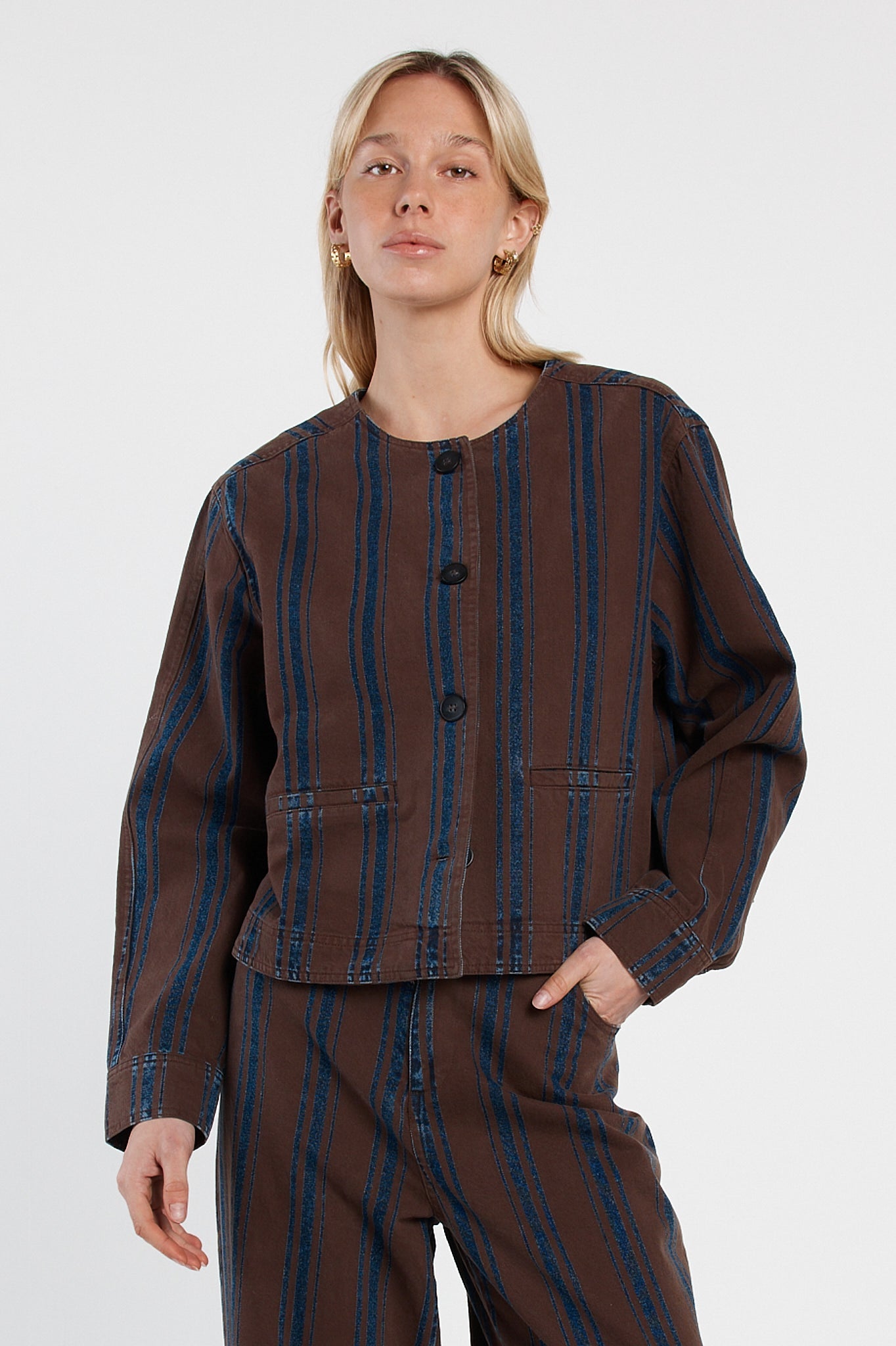 Image of Coats & Jackets. Product name - Maja Stripe Denim Jacket Choc/Rinse in Choc/Rinse colour by brand - Sass Clothing