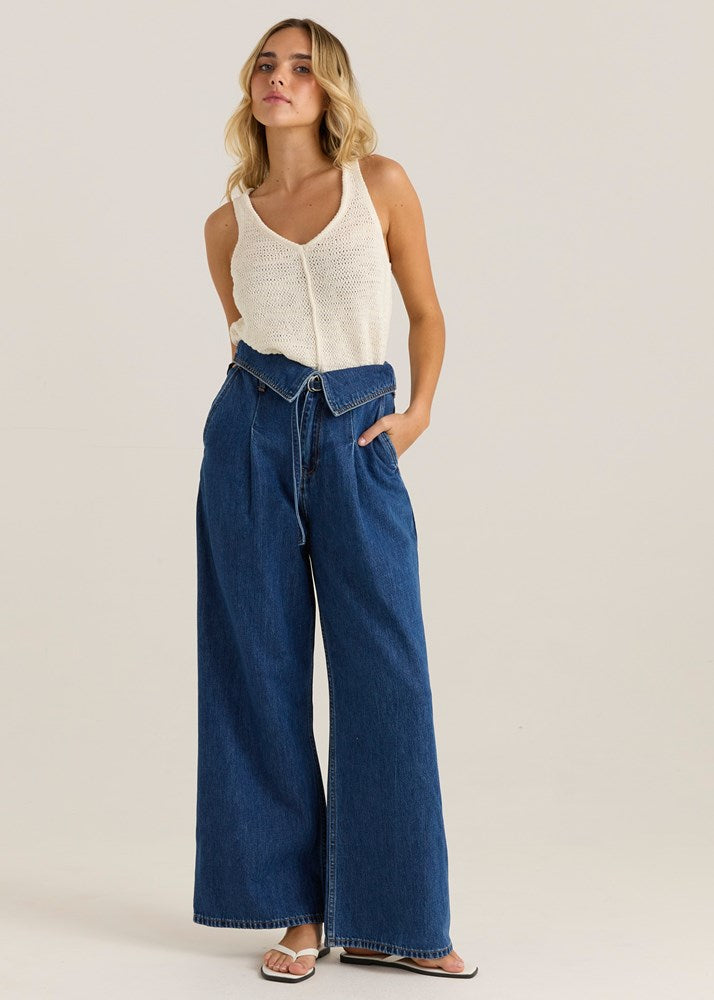 Image of Jeans. Product name - Alissa Foldover Jean Royal Blue Wash in Royal Blue Wash colour by brand - Sass Clothing