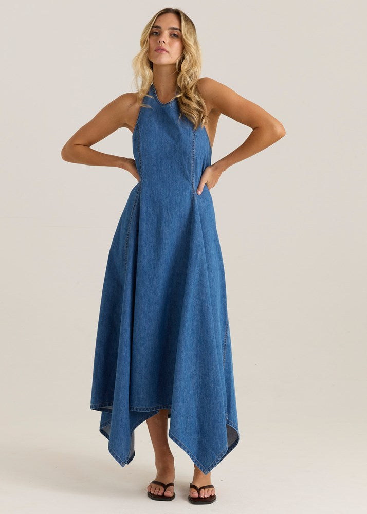 Sass Clothing Fernanda Halter Denim Dress (Classic Blue Wash)