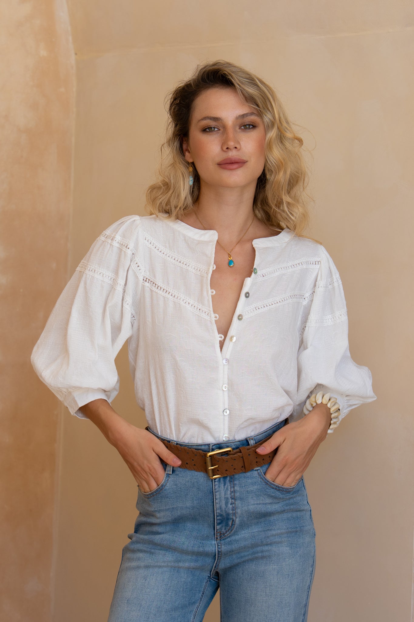 Image of Blouses. Product name - Anara White Jacquard Blouse in White colour by brand - Heychic
