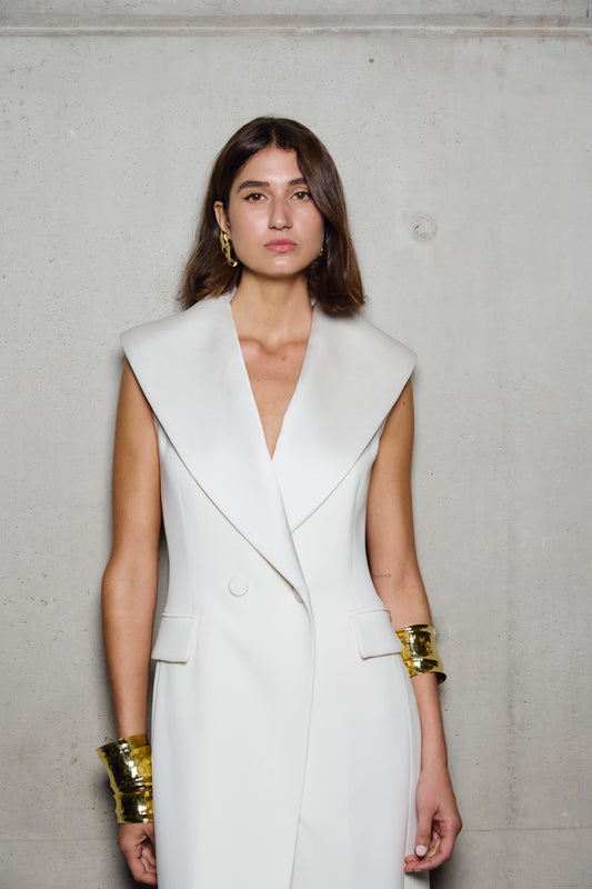 Carla Zampatti Ivory Crepe Satin Collar Longline Vest (Print)