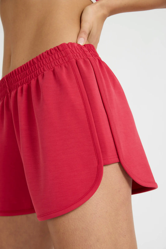 Image of a model wearing Shorts. Product name - Soft Luxury Shorts in Berry colour by brand - All Fenix