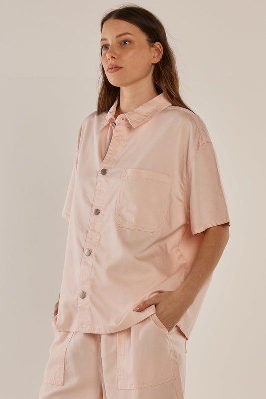 Betty Basics Saffra Short Sleeve Denim Shirt (Pink)