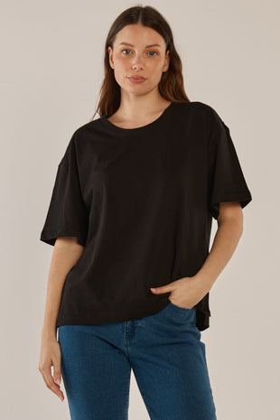 Image of a model wearing Tops. Productname: Betty Basics Riley Tee Black in Black colour by brand - Betty Basics
