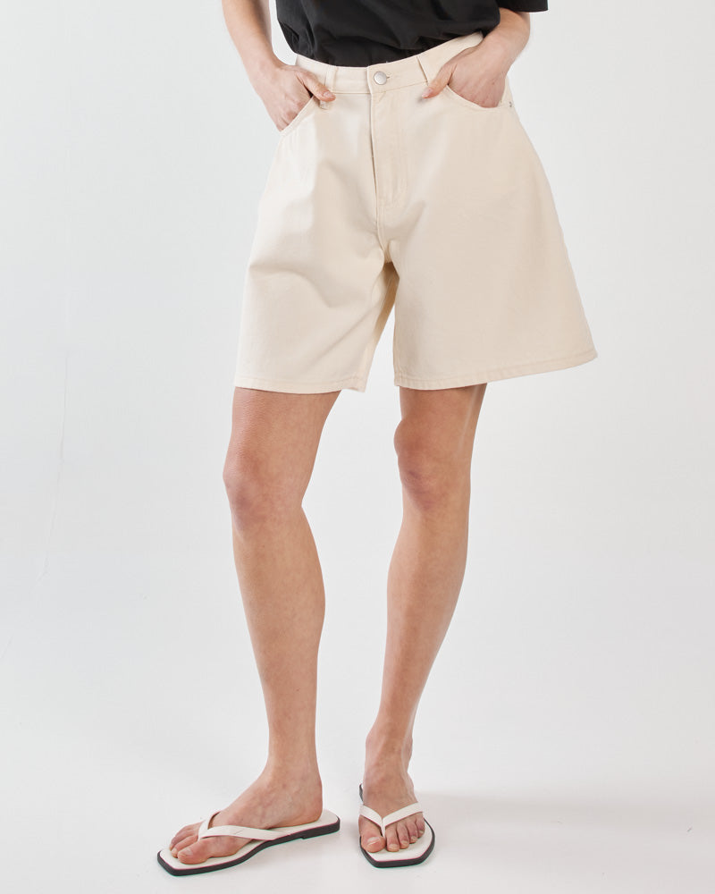 Image of a model wearing Shorts. Product name - Sabine Denim Shorts Parchment Wash in Parchment Wash colour by brand - Sass Clothing