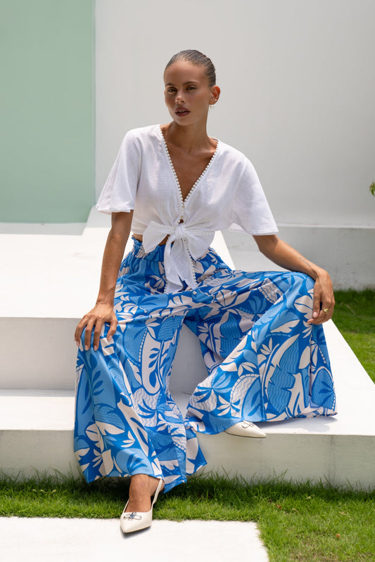Heychic Vale Tropical Wide Leg Cropped Pants (Blue)
