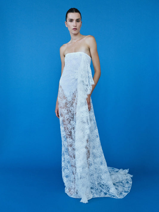 Image of Dresses. Productname: Christopher Esber Floating Lace Strapless Gown in White colour by brand - Christopher Esber