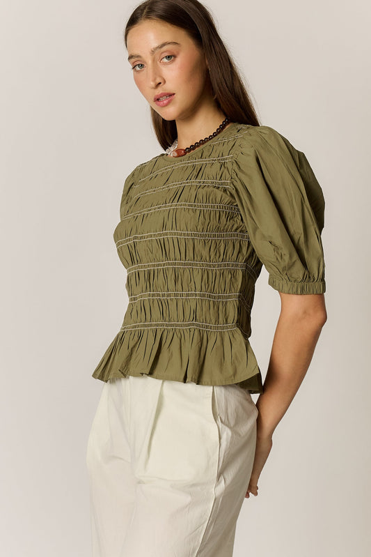 Giliann Pyke Shirred Top Olive (Red)