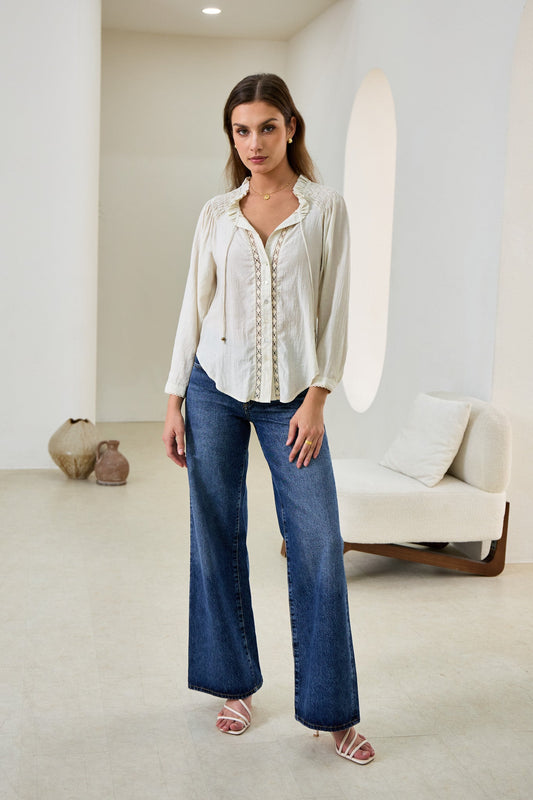 Heychic Clarisse Lace Trim Blouse (Beige)