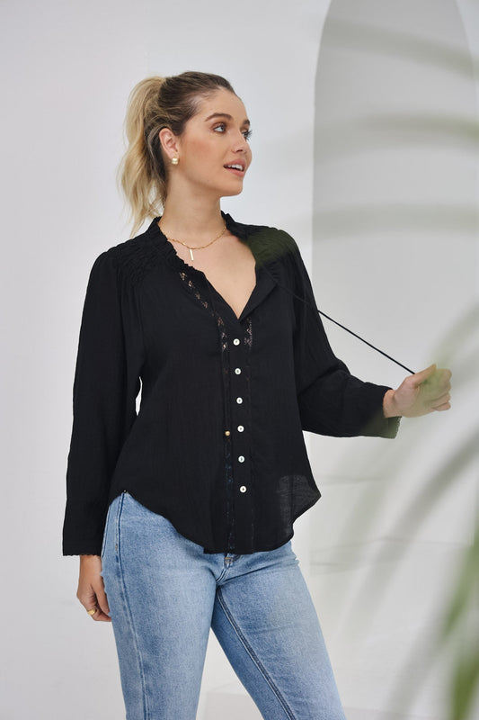 Image of a model wearing Tops. Productname: Heychic Clarisse Lace Trim Blouse in Black colour by brand - Heychic