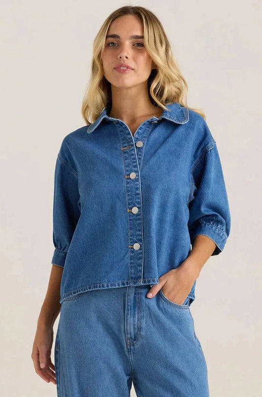 Image of a model wearing Tops. Product name - Perri Denim Blouse Classic Blue Wash in Classic Blue Wash colour by brand - Sass Clothing