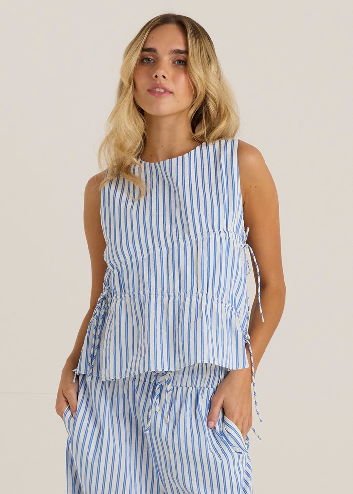 Sass Clothing Aziza Gathered Tie Top (Blue/ White Stripe)
