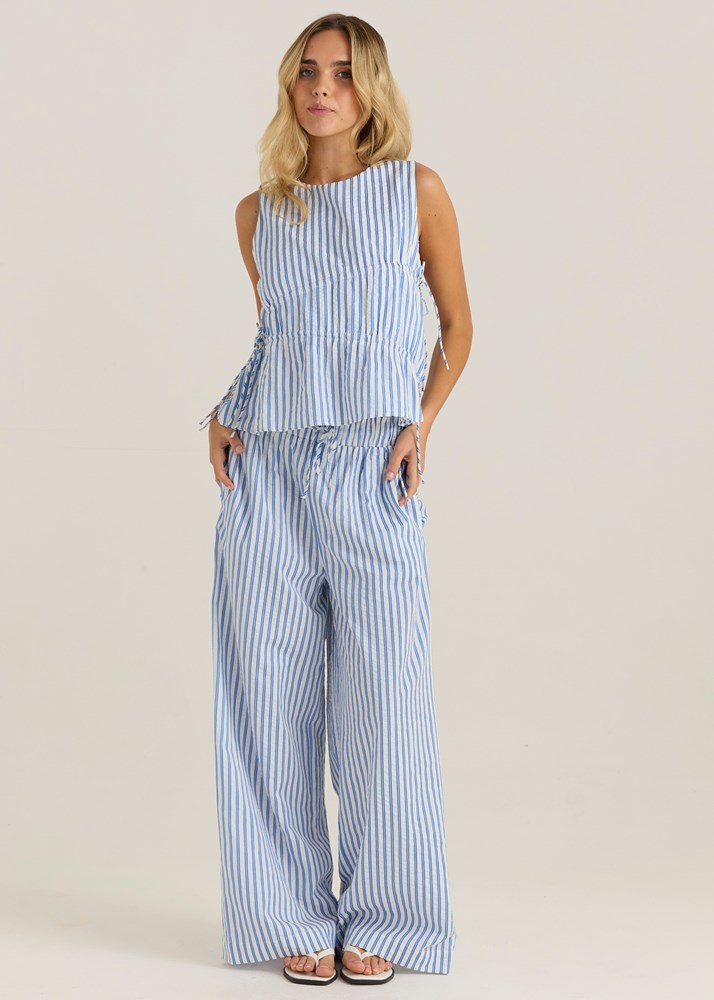 Sass Clothing Aziza Gathered Tie Top (Blue/ White Stripe)