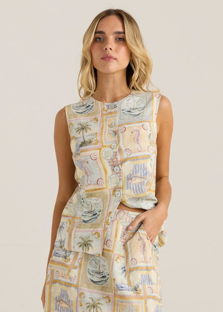 Sass Clothing Reo Button Vest (Wayfarer Print)