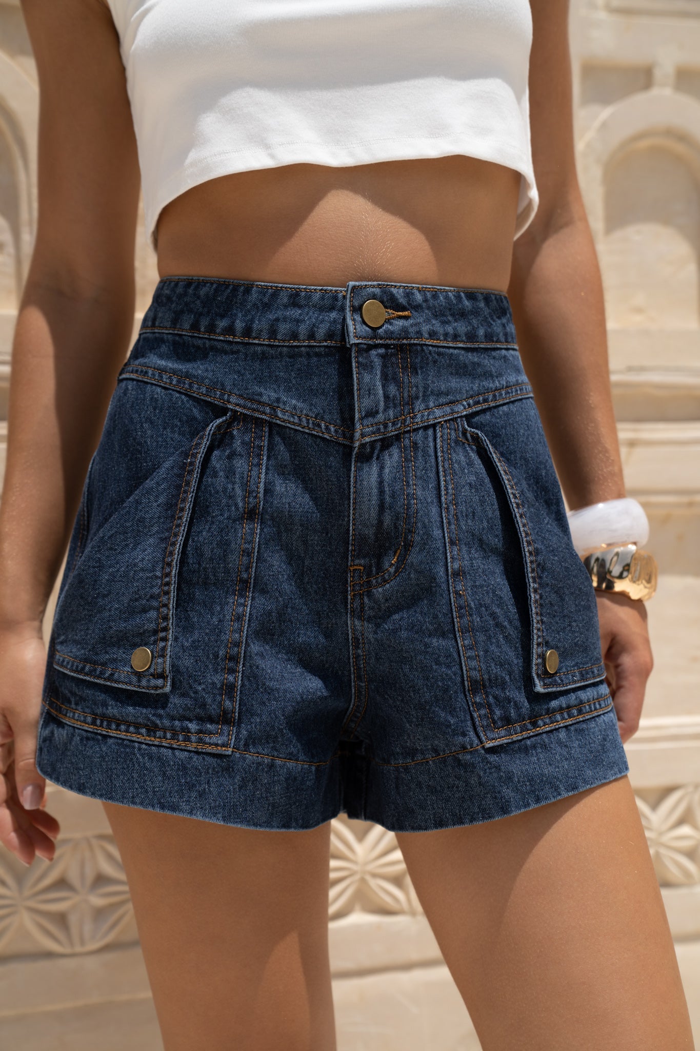 HEYCHIC Denia Dark Denim Cargo Shorts (Blue)