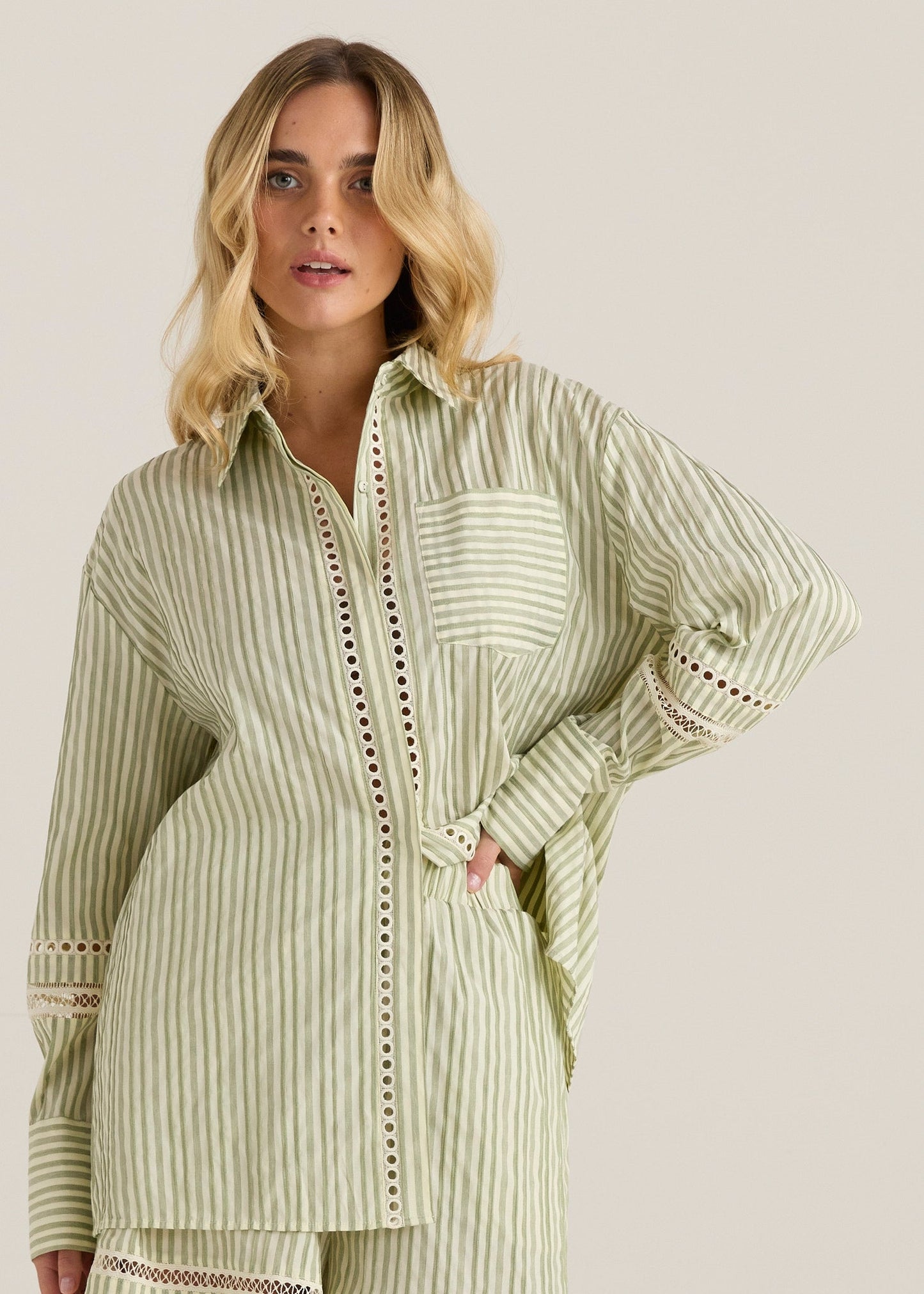 Sass Clothing Nerida Trim Shirt (Olive Cream Stripe)