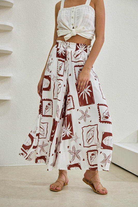 Heychic Mira Sea Shells Tropical Wide Leg Cropped Pants (Brown)