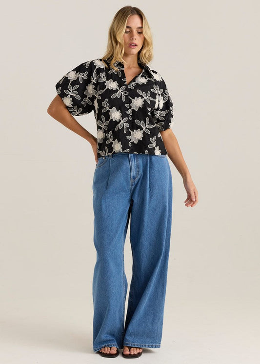 Sass Clothing Marlowe Bubble Sleeve Blouse Black/Cream Floral (Black/ Cream Floral)