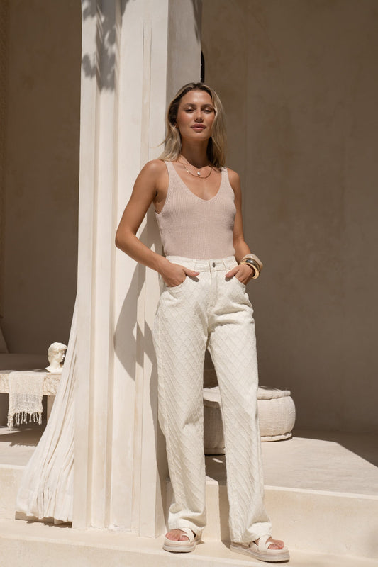 Image of a model wearing Pants. Productname: Louisa Cream Jacquard Pants in Cream colour by brand - HEYCHIC