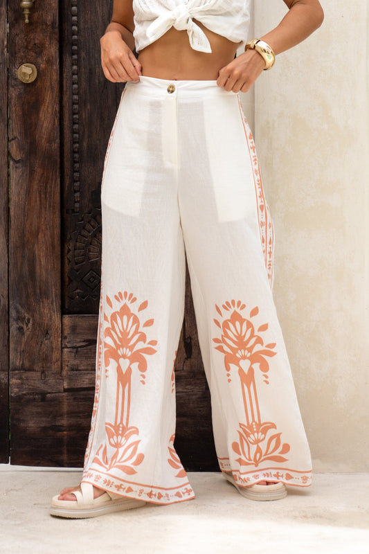 HEYCHIC Aluna Coral Abstract Tailored Wide Leg Pants (Red)