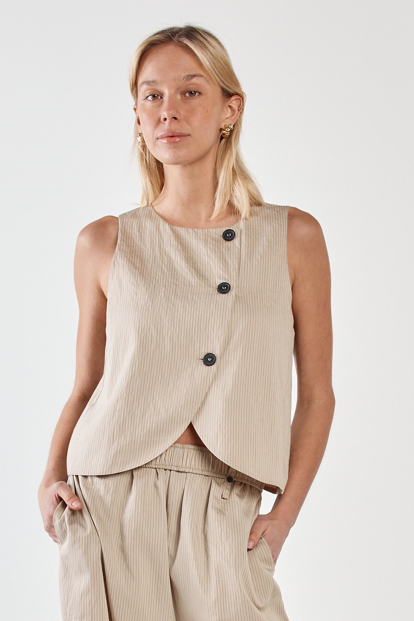 Sass Clothing Renee Button Wrap Vest (Beige Black Stripe)