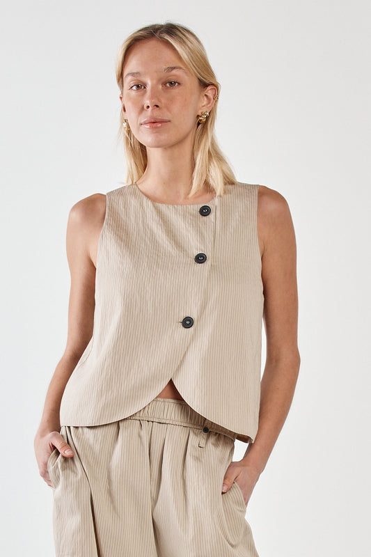 Sass Clothing Renee Button Wrap Vest (Beige Black Stripe)