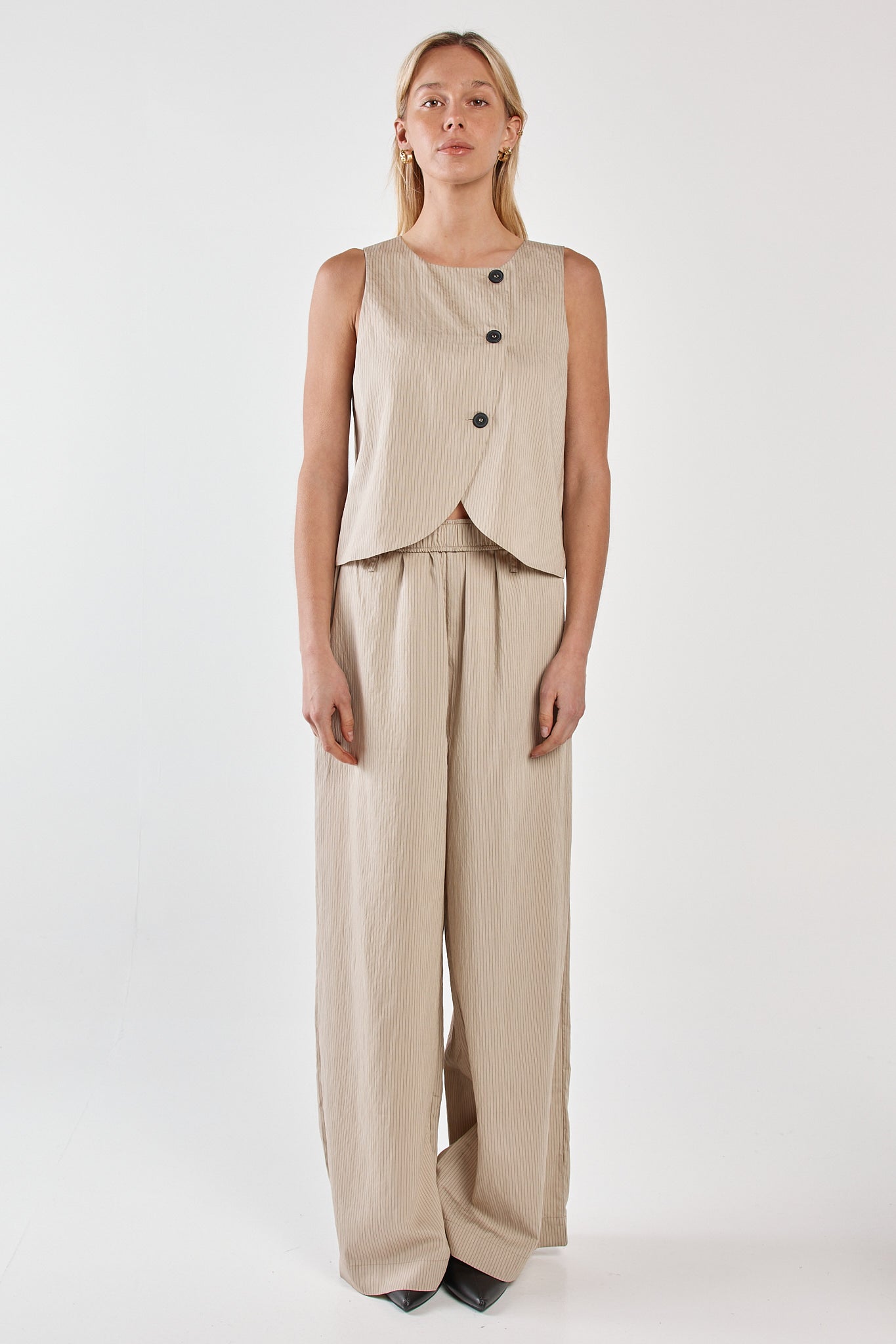 Sass Clothing Renee Button Wrap Vest (Beige Black Stripe)