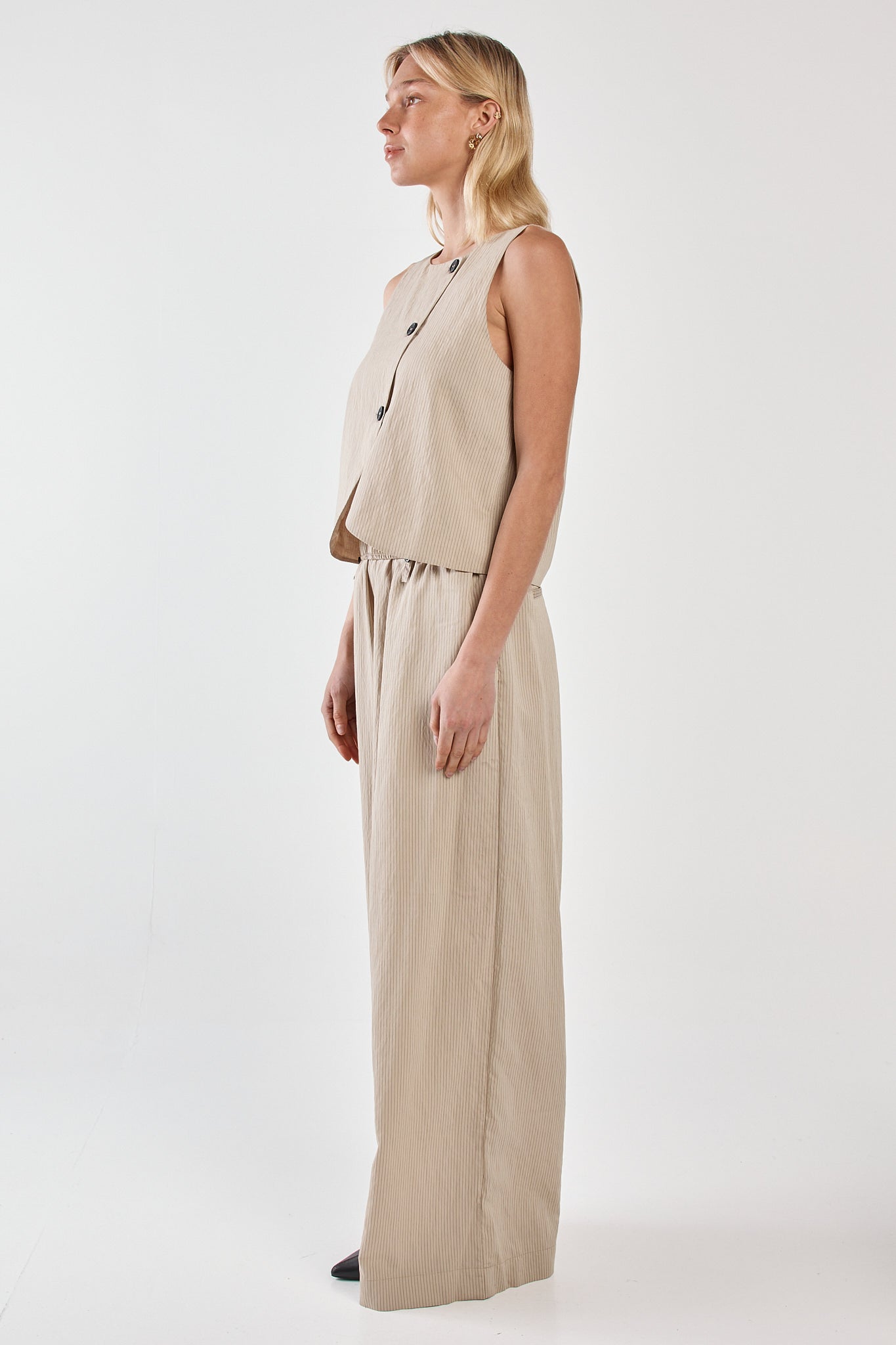 Sass Clothing Renee Button Wrap Vest (Beige Black Stripe)