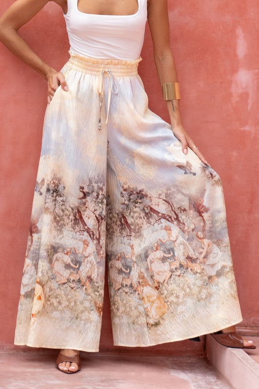 Heychic Lavinia Yellow Abstract Wide Leg Pants (Blue)