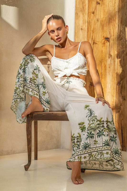 Image of a model wearing Shorts. Productname: Heychic Sabina Green Tropical Wide Leg Pants in Green colour by brand - Heychic
