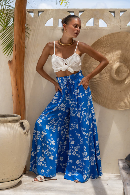 Image of a model wearing Pants. Productname: Lunaria Blue Floral Wide Leg Pants in Blue colour by brand - Heychic