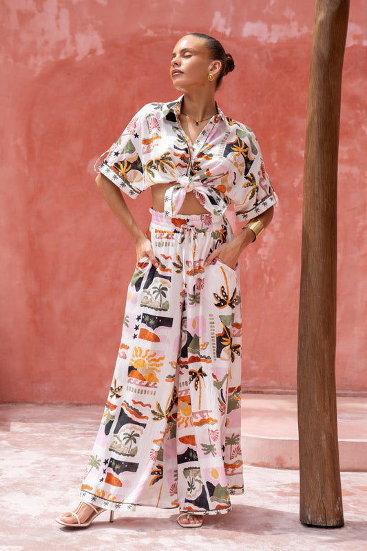 Image of a model wearing Shorts. Productname: HEYCHIC Aeliana Multicolour Tropical Wide Leg Pants in Multi colour by brand - HEYCHIC