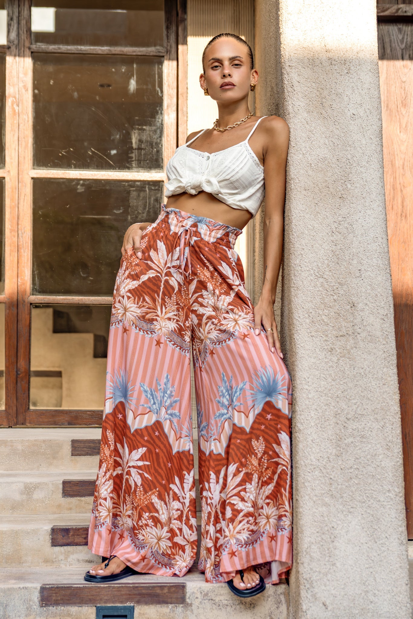 Heychic Nari Rust Tropical Wide Leg Pants (Brown)