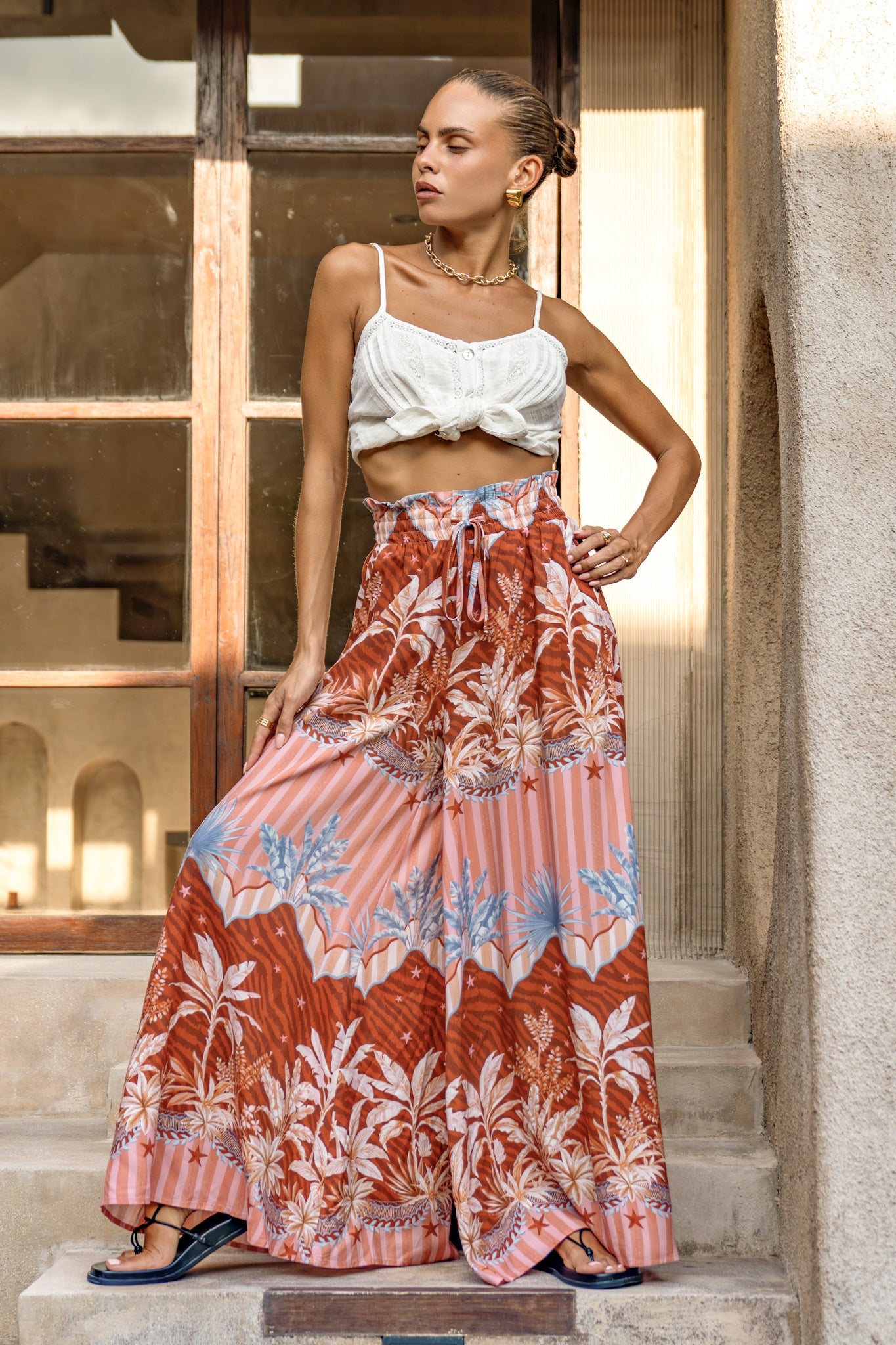 Heychic Nari Rust Tropical Wide Leg Pants (Brown)