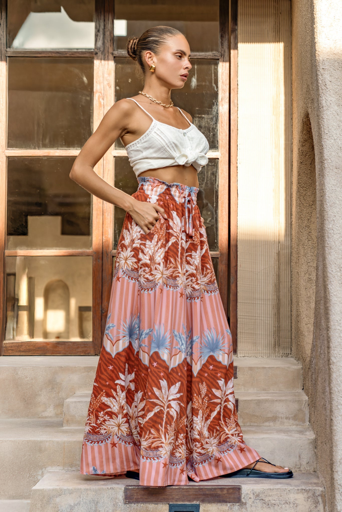 Heychic Nari Rust Tropical Wide Leg Pants (Brown)