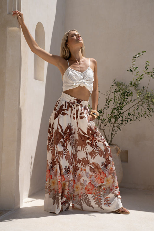 HEYCHIC Kailah Tropical Wide Leg Pants (Brown)