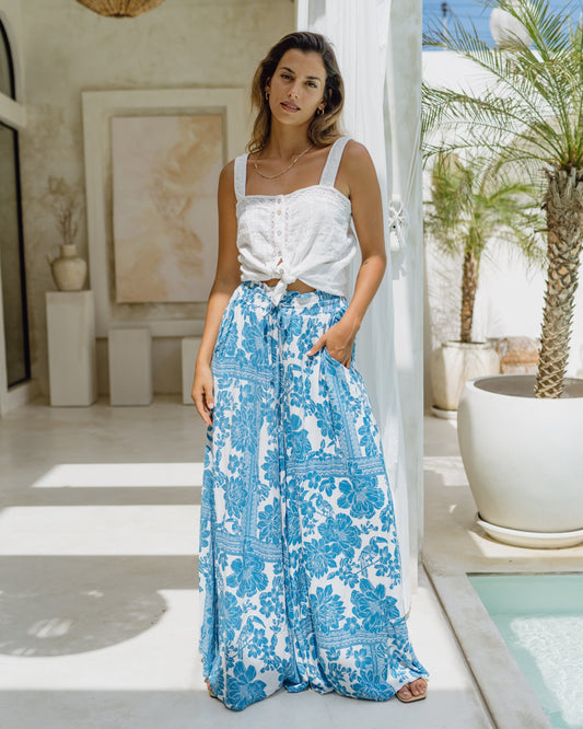 Image of a model wearing Pants. Productname: Heychic Tatiana Floral Boho Wide Leg Pants in Blue colour by brand - Heychic
