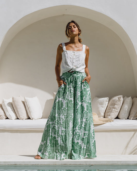 Image of a model wearing Pants. Product name - Viridiana Green Floral Wide Leg Pants in Floral colour by brand - Heychic