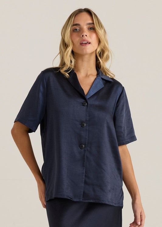 Sass Clothing Jasper Satin Shirt (Navy)