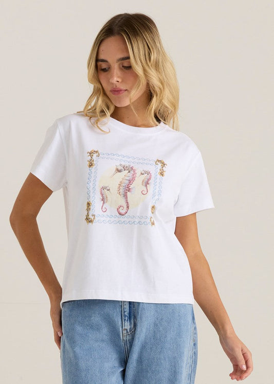 Image of a model wearing Tops. Product name - Ray Tee Seahorse in Seahorse colour by brand - Sass Clothing