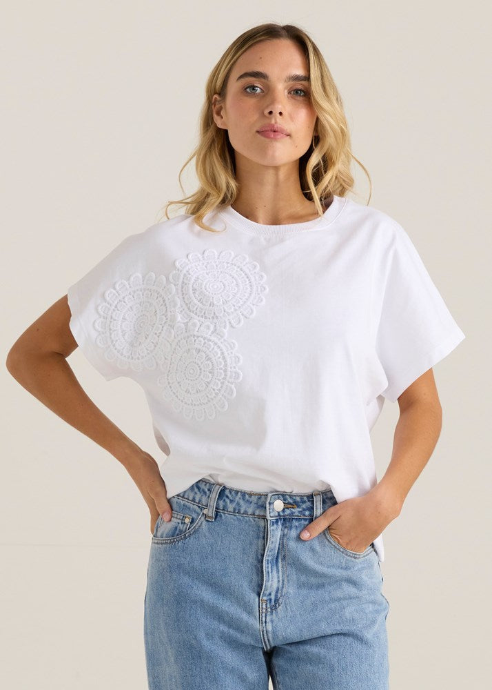 Image of a model wearing Tops. Product name - Mira Crochet Tee White in White colour by brand - Sass Clothing