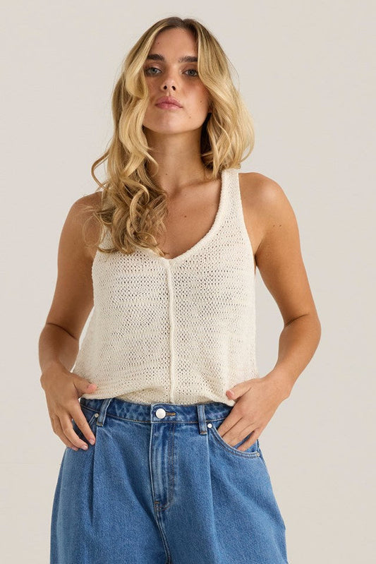 Image of a model wearing Tops. Product name - Penn Knit Top Cream in Cream colour by brand - Sass Clothing