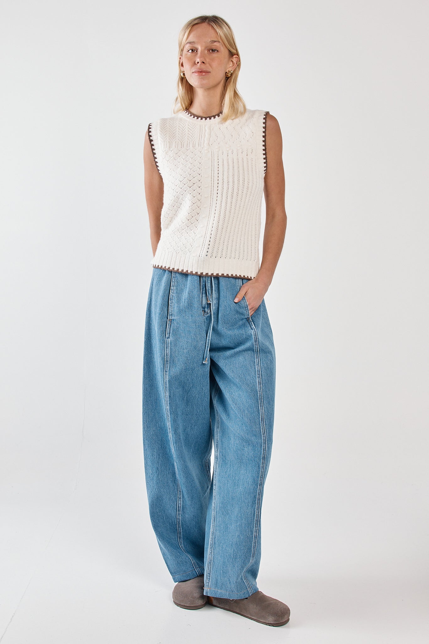Image of Jeans. Product name - Aveline Barrel Leg Jean in Classic Blue colour by brand - Sass Clothing