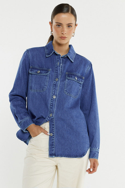 Image of Blouses. Product name - Aveline Denim Shirt in Classic Blue colour by brand - Sass Clothing